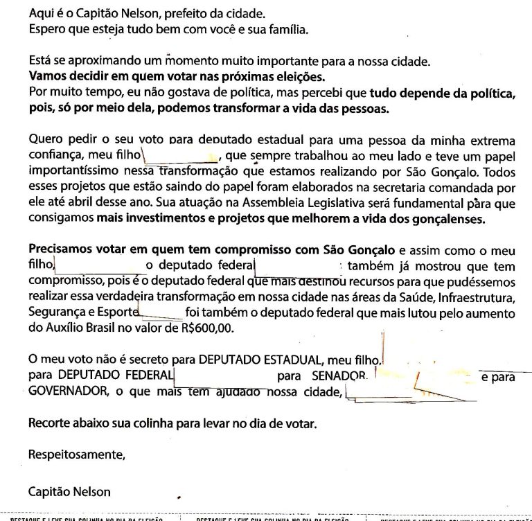 Prefeito de São Gonçalo envia cartas nominais aos eleitores para pedir votos para seus candidatos